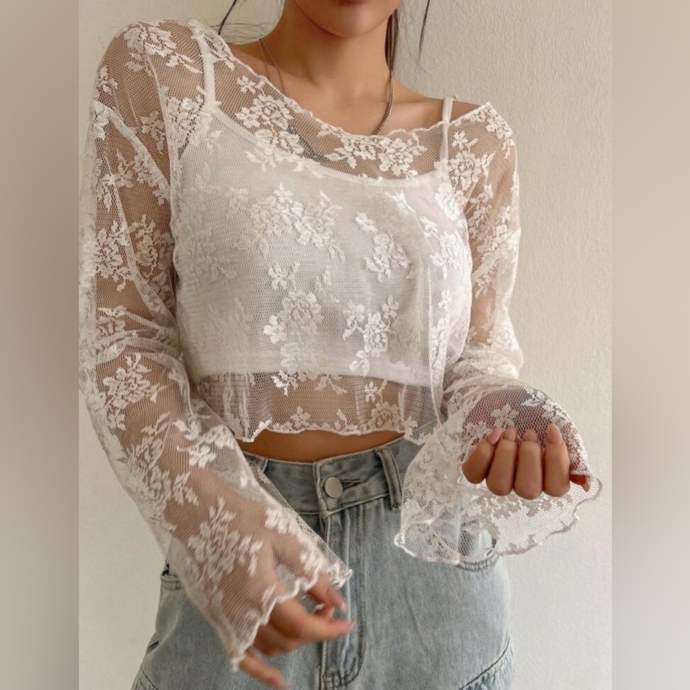 Sheer Lace Crop Blouse - White